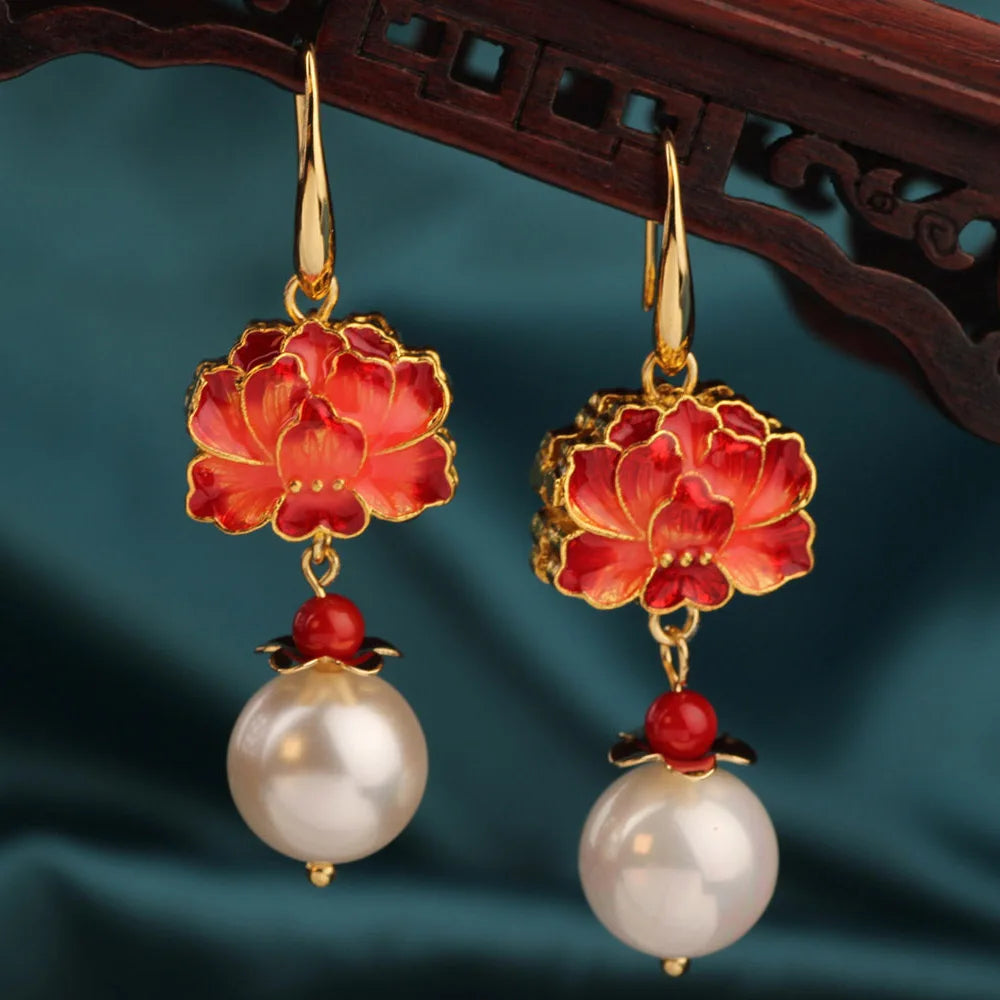 Vintage Long Cloisonne Roses Hook Earrings Ethnic Delicate Red Flower Pendant Dangle Earrings Modern Female Jewelry for Women