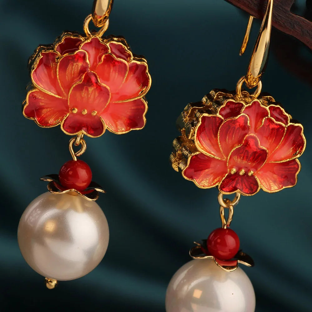 Vintage Long Cloisonne Roses Hook Earrings Ethnic Delicate Red Flower Pendant Dangle Earrings Modern Female Jewelry for Women