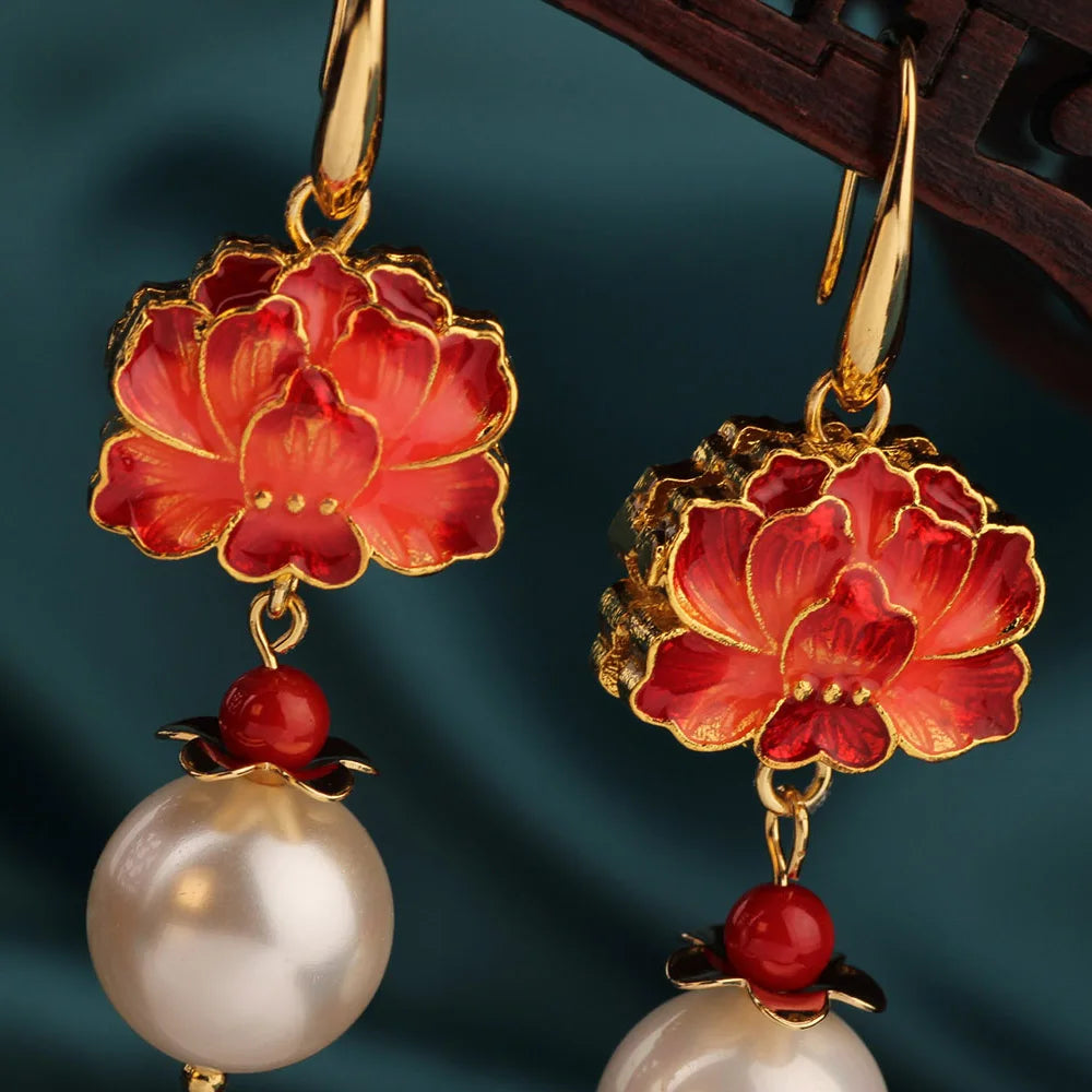 Vintage Long Cloisonne Roses Hook Earrings Ethnic Delicate Red Flower Pendant Dangle Earrings Modern Female Jewelry for Women