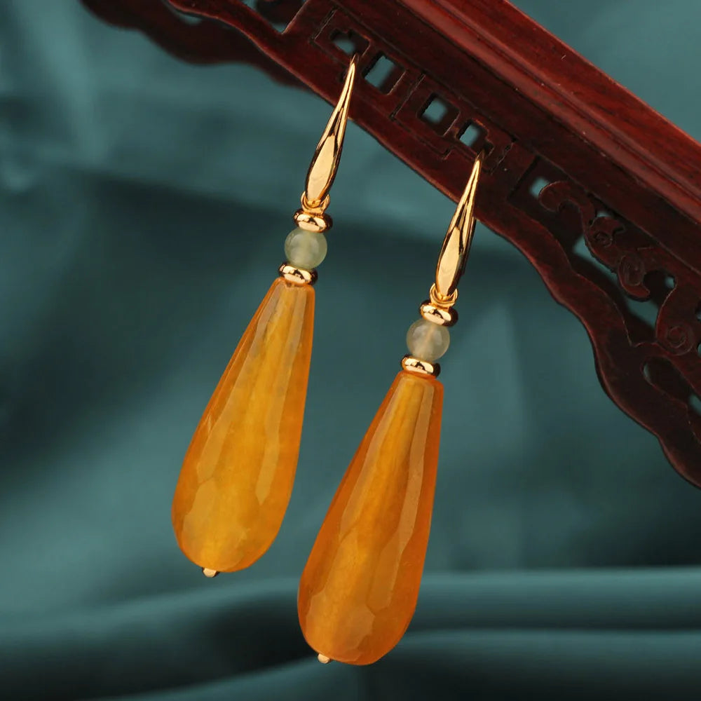 Fashion Vintage Yellow Water Droplets Drop Earrings Nature Stones Ethnic Jewelry for Women