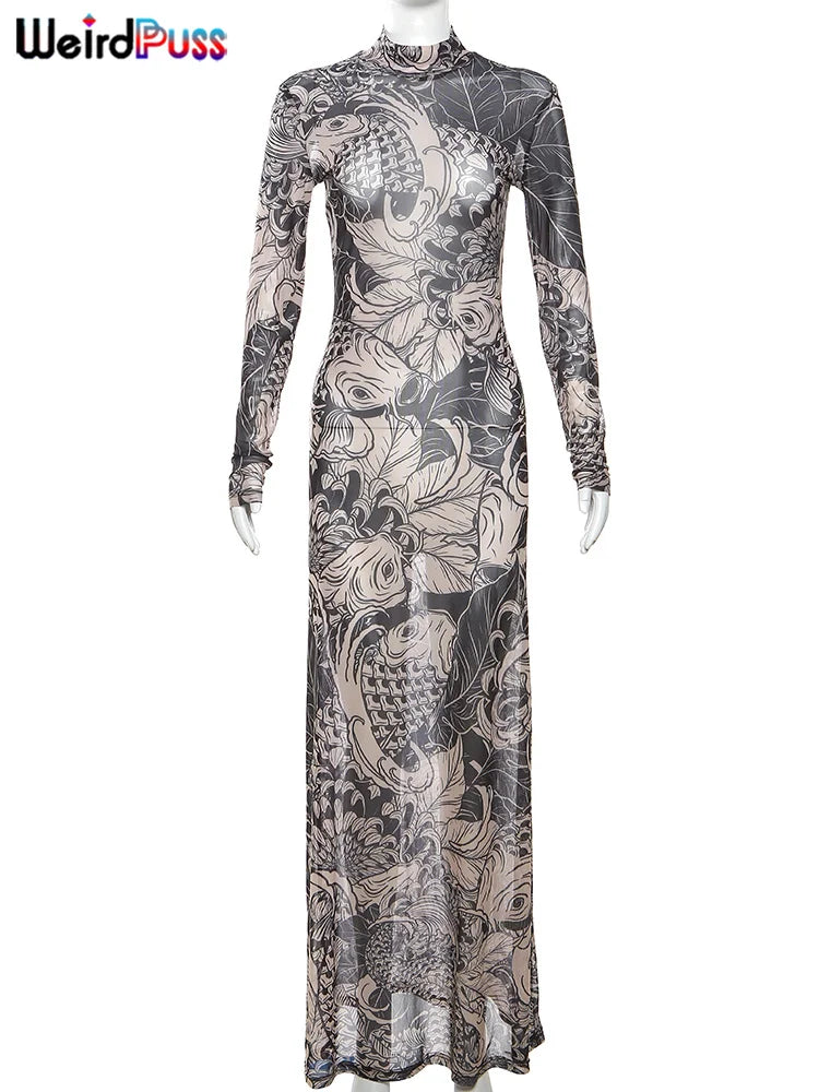 Tattoo Design  Mesh Print Women Maxi Dress Turtleneck Full Sleeve Bodycon Autumn Trendy Hipsters High Street Party Y2K Attirewear