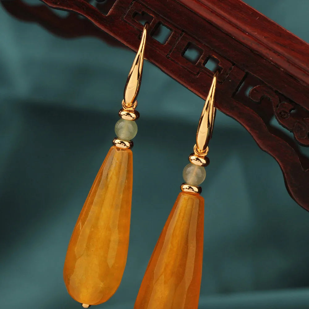 Fashion Vintage Yellow Water Droplets Drop Earrings Nature Stones Ethnic Jewelry for Women