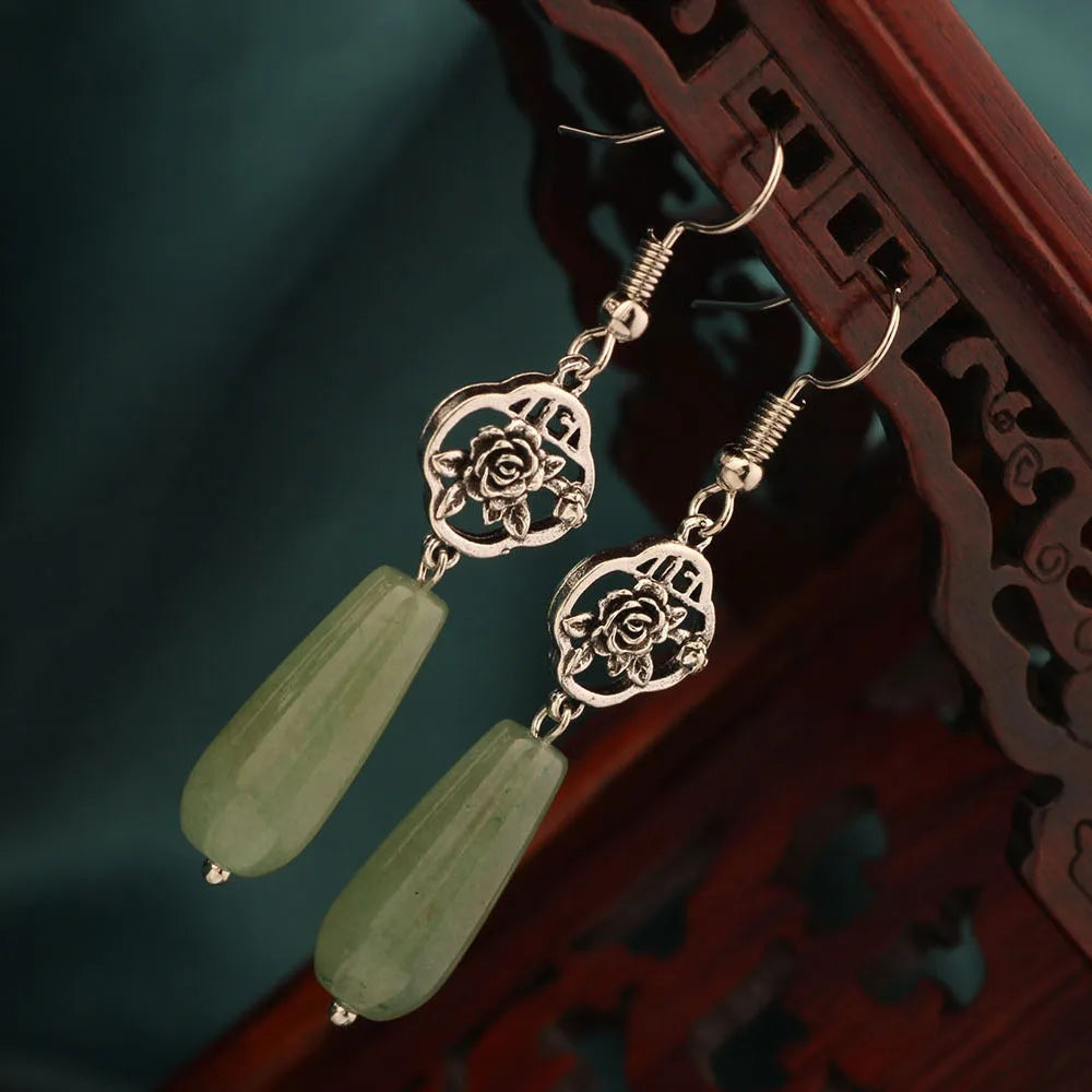 2022 New 26 Design Ethnic Flower Long Water Drop Earrings , Vintage Aventurine Earrings Jewelry for Women's