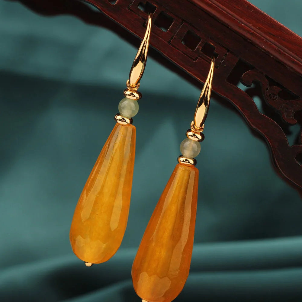 Fashion Vintage Yellow Water Droplets Drop Earrings Nature Stones Ethnic Jewelry for Women