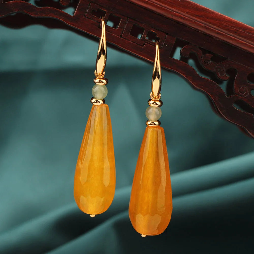 Fashion Vintage Yellow Water Droplets Drop Earrings Nature Stones Ethnic Jewelry for Women