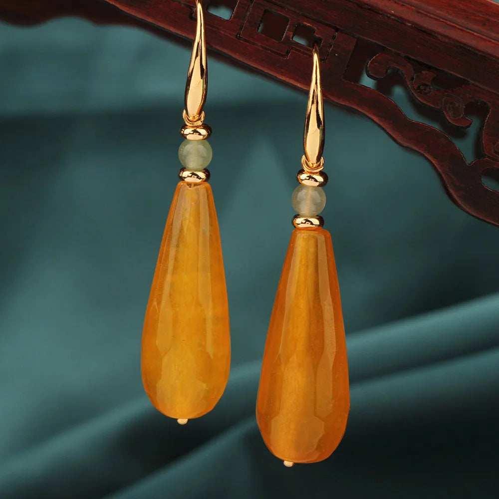 Fashion Vintage Yellow Water Droplets Drop Earrings Nature Stones Ethnic Jewelry for Women