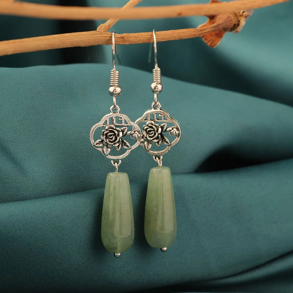 2022 New 26 Design Ethnic Flower Long Water Drop Earrings , Vintage Aventurine Earrings Jewelry for Women's